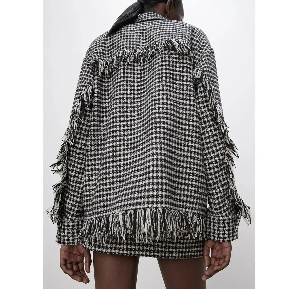 Zara Houndstooth Fringed Overshirt Barn Jacket Oversized Tweed Shacket 4391/737 - Picture 5 of 15